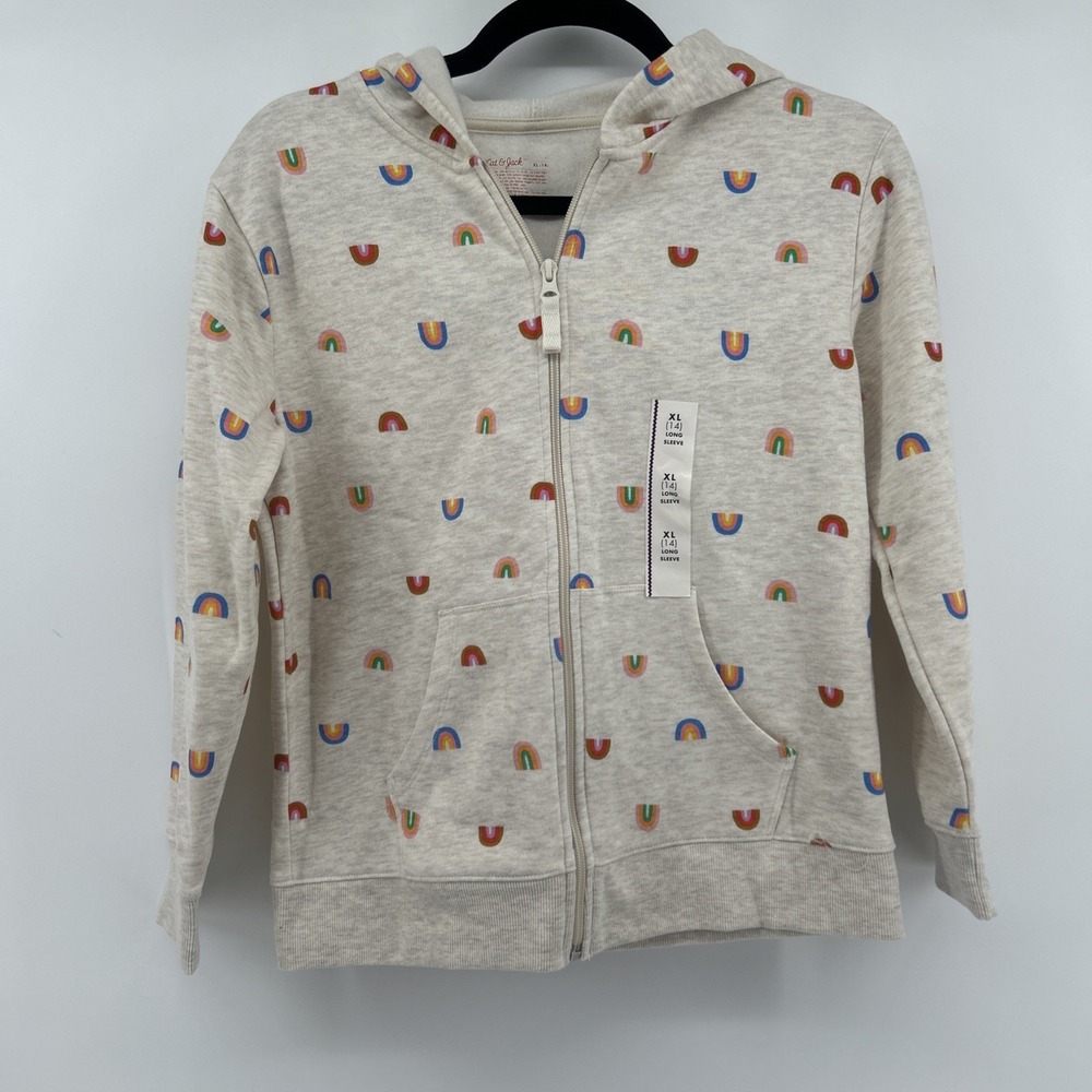 NWT Cat & Jack Girls XL 14 Hooded Zip-Up Sweatshirt Oatmeal Rainbow Print Cozy